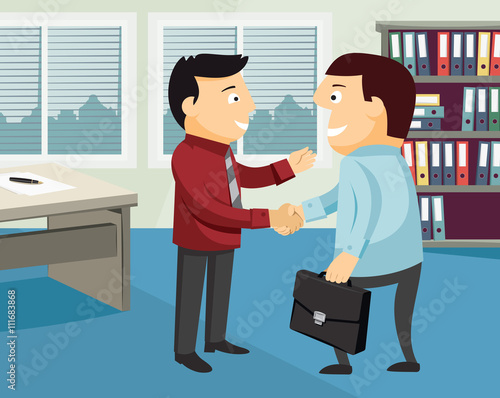 Man looking for a new job. Real estate agency interior. Financial advice. Customer service. Simple cartoon vector illustration. 