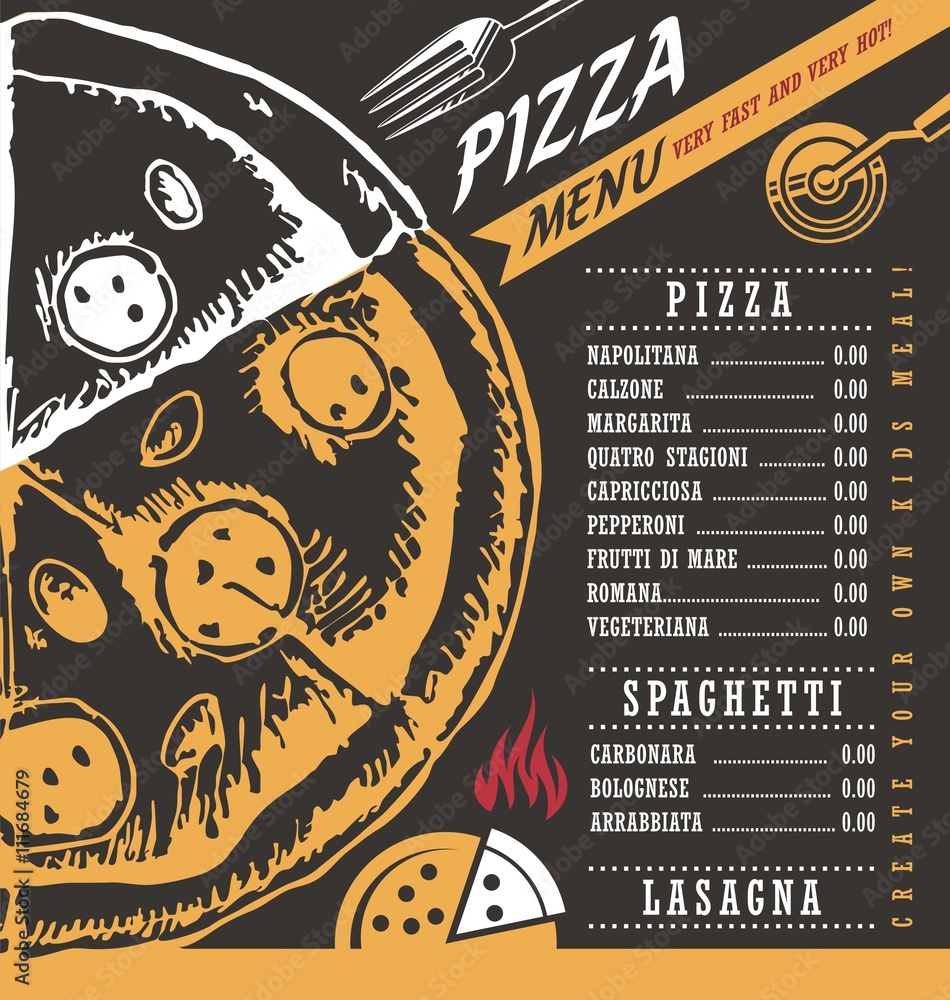 Thiết kế menu pizza đẹp mắt và đầy màu sắc sẽ khiến bạn muốn thử tất cả những loại pizza được liệt kê. Hãy đến và tận hưởng ngay! 