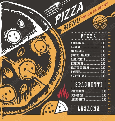 Pizza menu creative vector design concept on black chalkboard background. 