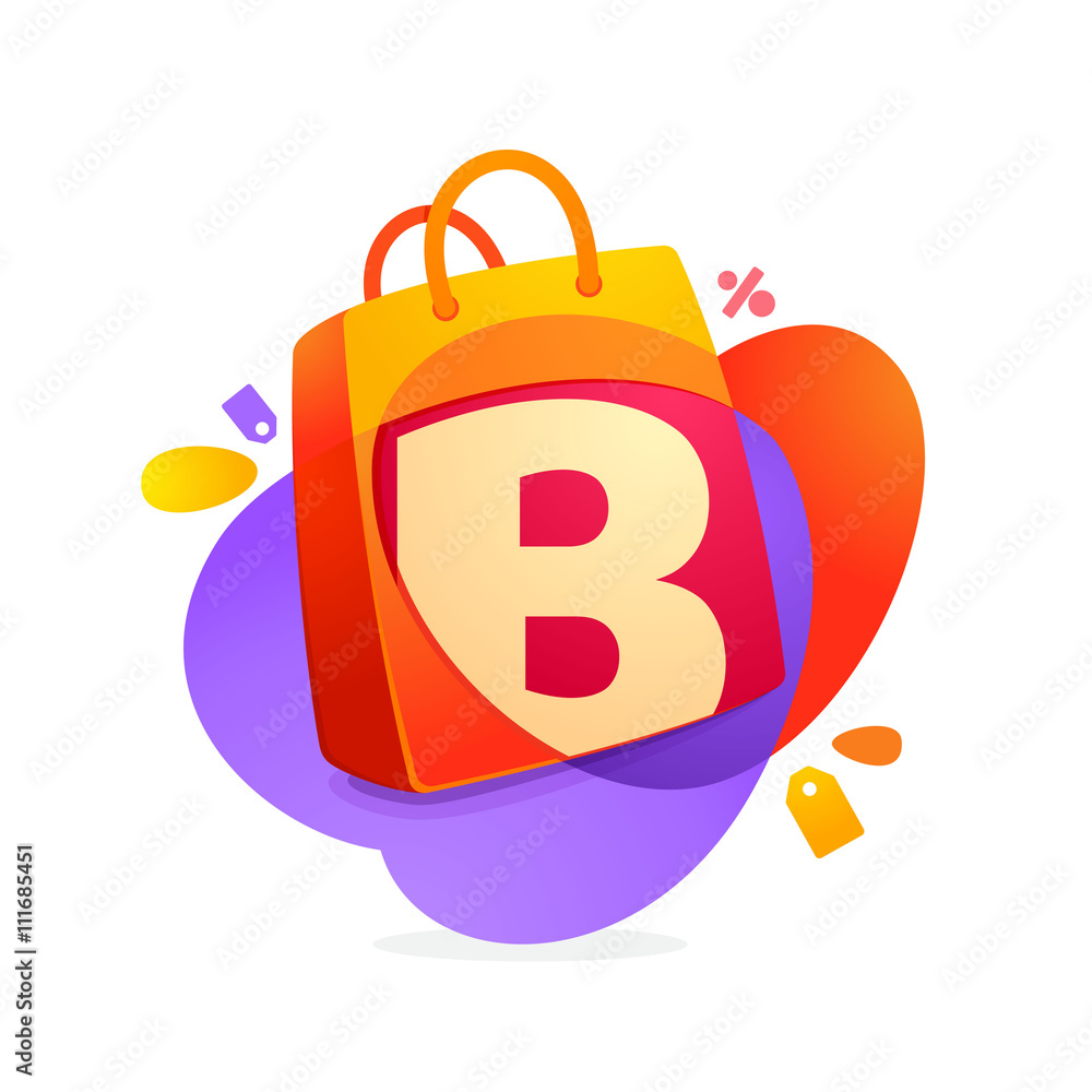 B letter with shopping bag icon and Sale tag. B letter with shopping bag icon and Sale tag.
