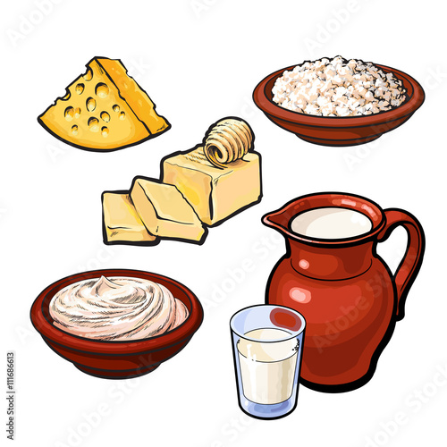 Set of dairy products, vector sketch hand-drawn illustration isolated on white background, dairy origin products milk curd cream yogrurt kefrir butter cheese color dairy products