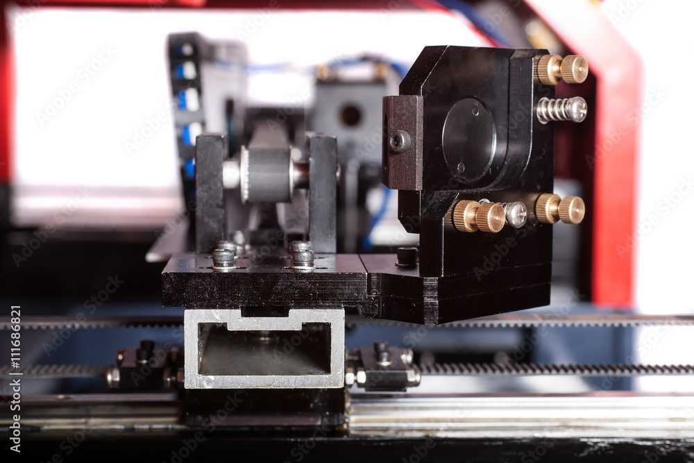 Photography laser machine, component for laser industry, closeup. Macro