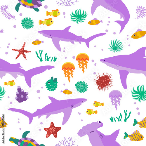 Seamless vector  pattern with cute cartoon sharks and fishes