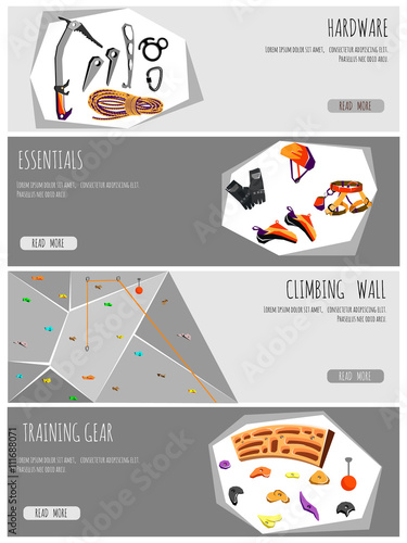 Rock climbing adventure horizontal banner set with climbing equipment elements.vector illustration