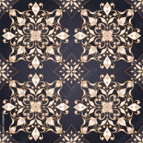 Vintage ornate golden seamless texture in Eastern style on dark