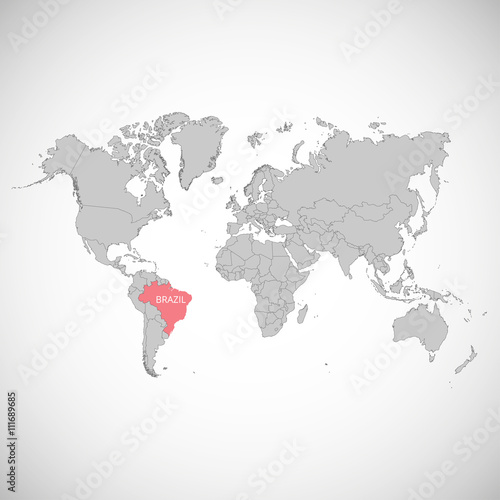 World map with the mark of the country. Brazil. Vector illustration.