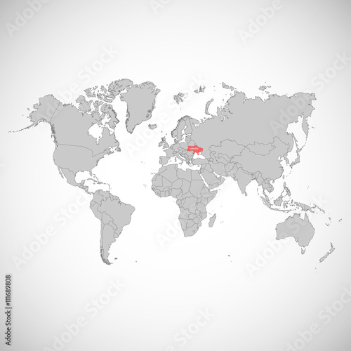 World map with the mark of the country. Ukraine. Vector illustration.