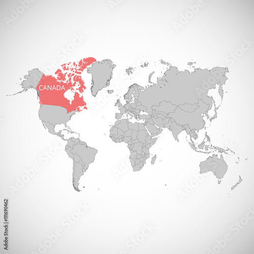 World map with the mark of the country. CANADA. Vector illustration.