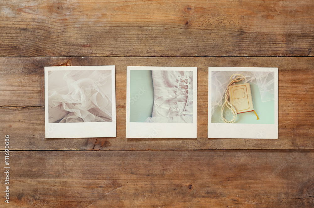 Fototapeta premium top view of instant polaroid photos album