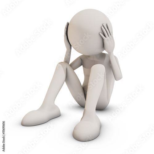 Stressed 3d man sitting on white background, 3D rendering