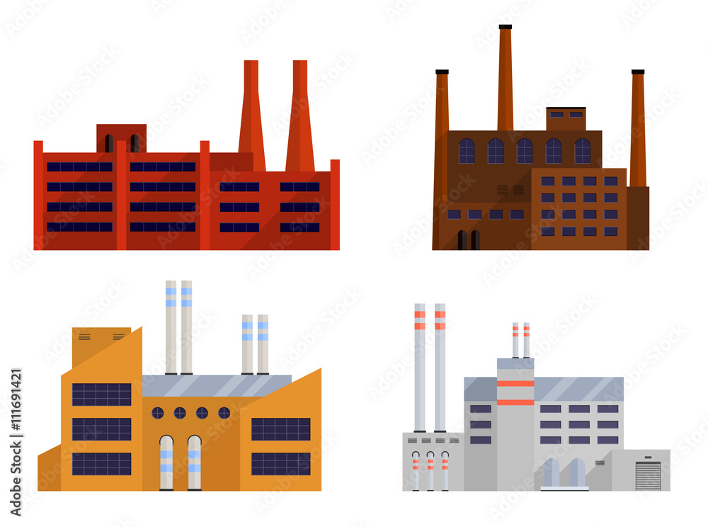 Factory set isolated on white background. Factory icon in the flat style. Industrial factory building. Factory concept. Power factory building. Decorative factory icon. Vector illustration.