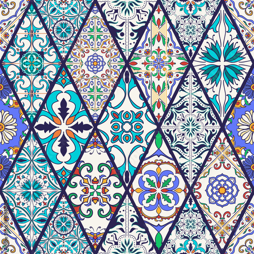 Vector seamless texture. Beautiful mega patchwork pattern for design and fashion with decorative elements