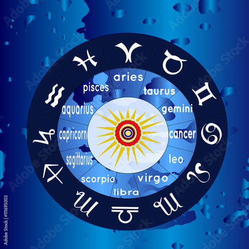 Astrological circle with signs of zodiac on scy background. Horo
