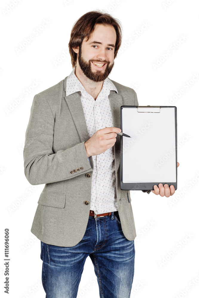 bearded man holding a folder of document and pointing his pen at bearded man holding a folder of document and pointing his pen at