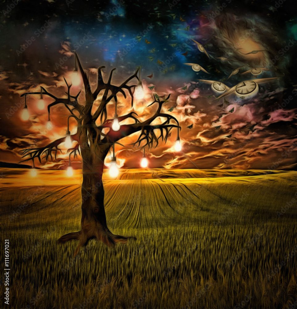 Bulb tree of ideas with surreal space background