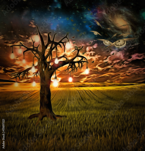 Bulb tree of ideas with surreal space background