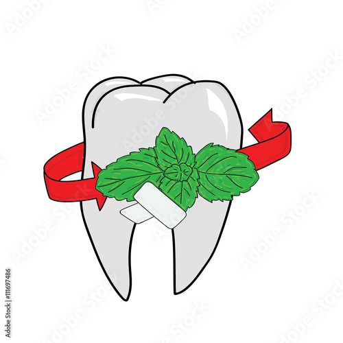 Chewing gum and fresh mint leaves in the background tooth isolated on white background, vector illustration