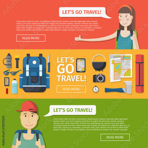 Set of templates for design banners travel. Web banners, posters, brochures to travel, camping, tourism. Banners with a set of tourist things. Banners with girl hitchhiker and tourist boy. Vector