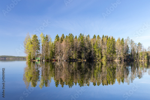 Island in calm lake on sunny day