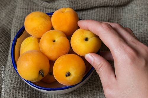 Ripe apricots in ceramic plate and hand