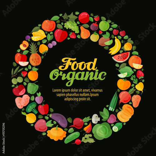 Fruits and Vegetables. Gardening  horticulture banner. Organic Food. Vector illustration