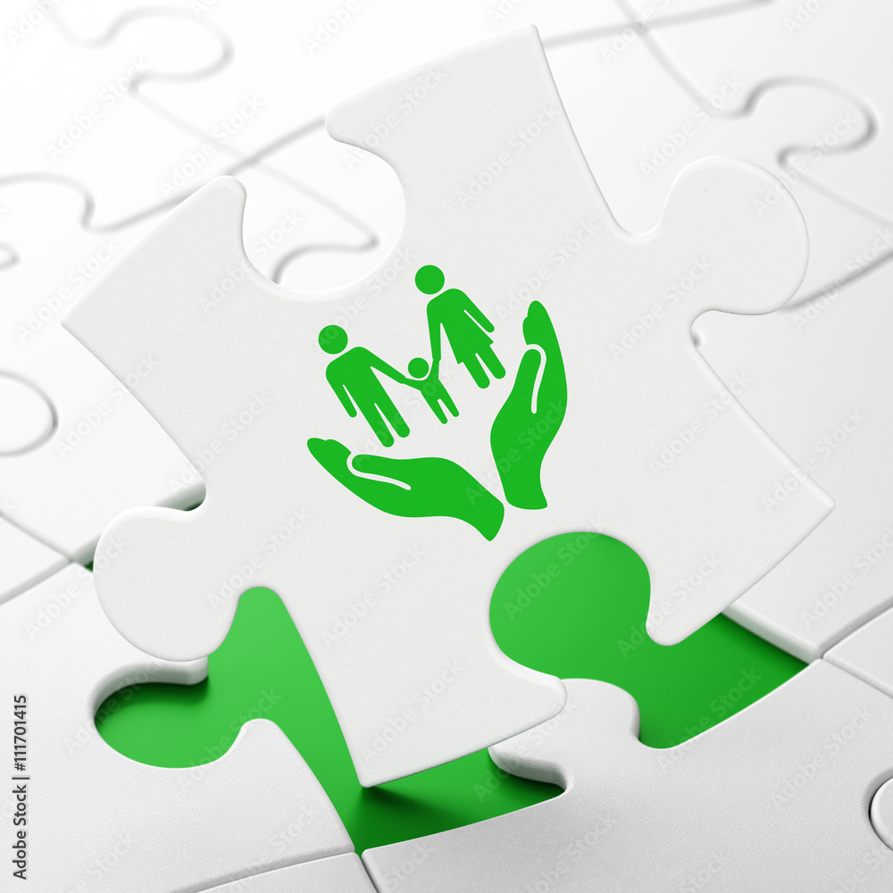 Insurance concept: Family And Palm on puzzle background Insurance concept: Family And Palm on puzzle background