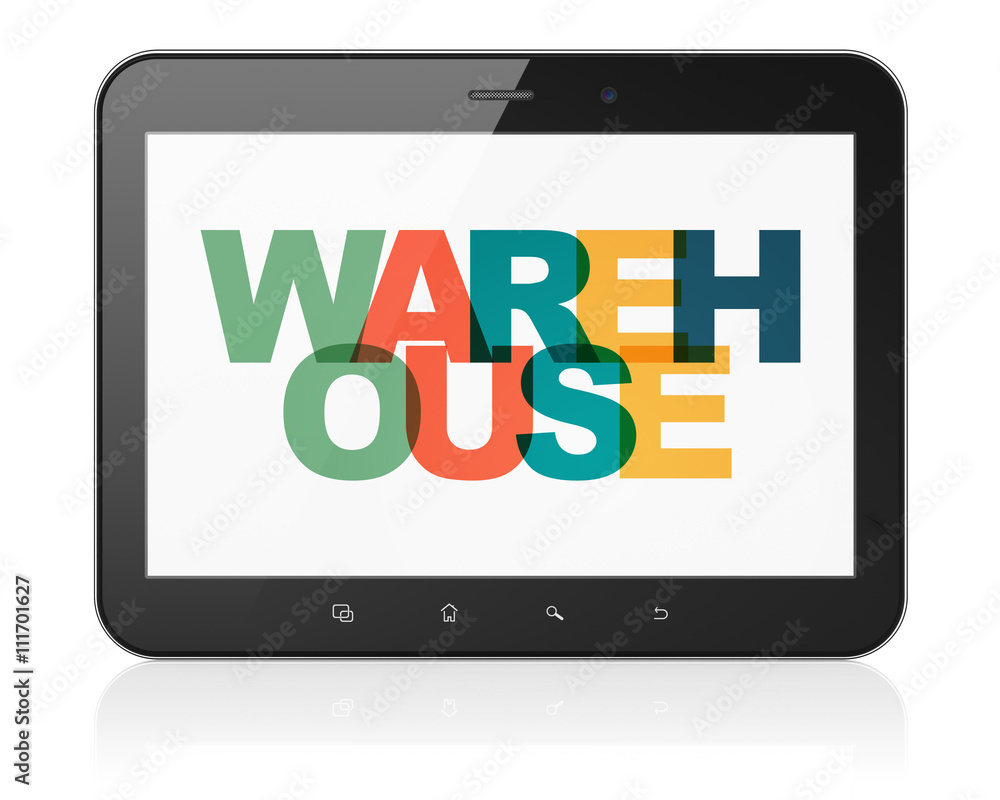 Manufacuring concept: Tablet Computer with Warehouse on display Manufacuring concept: Tablet Computer with Warehouse on display
