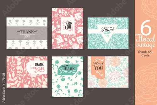 Fototapeta Naklejka Na Ścianę i Meble -  Six vintage floral wedding thank you card set with fun frames, text. Great for any occasion.