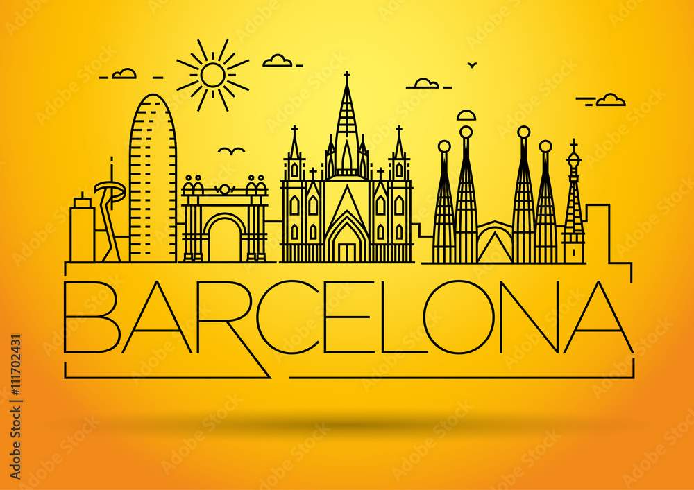 Minimal Barcelona City Linear Skyline with Typographic Design - obrazy, fototapety, plakaty 