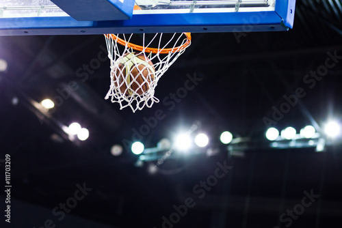 Basketball going through the hoop at a sports arena