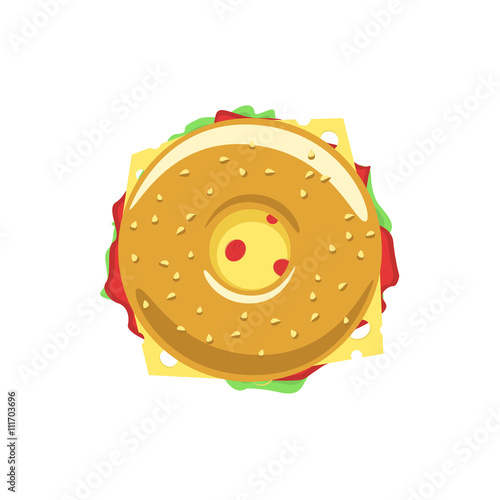 Bagel sandwich vector logo, donut flat icon with meat, hum, salad, cheese, doughnut meal symbol, tasty food, tasty burger, hamburger, fast food shop emblem bakery logo modern design isolated on white