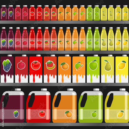 Shelves with juices in different packaging in a supermarket
