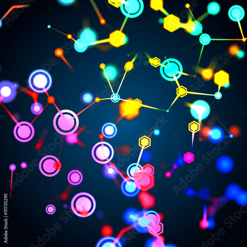 3D illustration of molecular structure and communication concept on dark background. Connected colorfully lines with dots. Concept of the science, connection, chemistry, biology, medicine, technology.