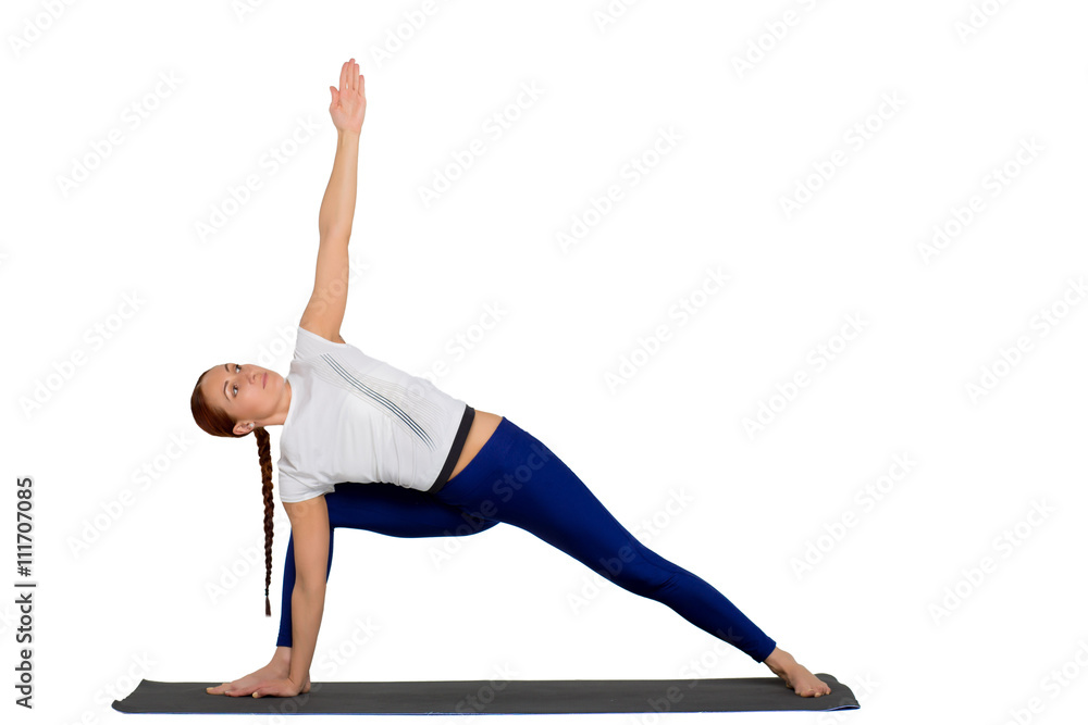 sports exercise isolated on white background. Beautiful woman dressed in sportswear, doing workout sports exercise isolated on white background. Beautiful woman dressed in sportswear, doing workout