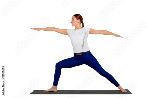 yoga exercise, isolated on white background. Beautiful woman dressed in sportswear practicing sports