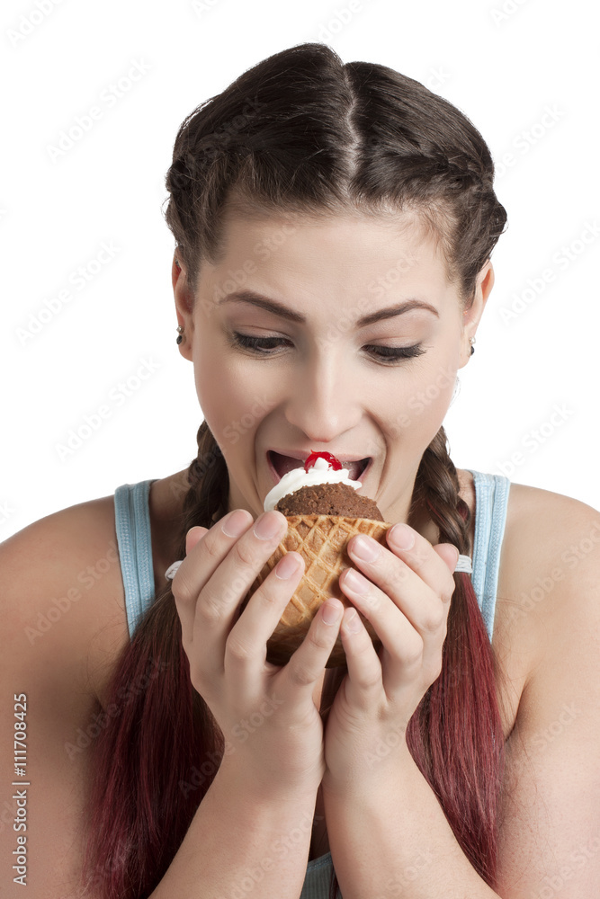a lady eating chocolate ice cream a lady eating chocolate ice cream