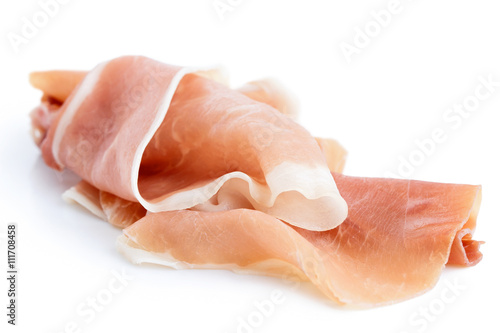 Thinly sliced Prosciutto ham. Isolated on white.