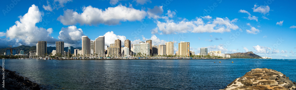 Panoramic image of the Ala Wai Boat Harbor and hotels of Waikiki Panoramic image of the Ala Wai Boat Harbor and hotels of Waikiki