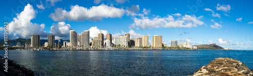 Panoramic image of the Ala Wai Boat Harbor and hotels of Waikiki