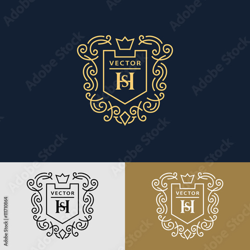 Line graphics monogram. Elegant art logo design. Letter SH. Graceful template. Business sign, identity for Restaurant, Royalty, Boutique, Cafe, Hotel, Heraldic, Jewelry, Fashion. Vector elements