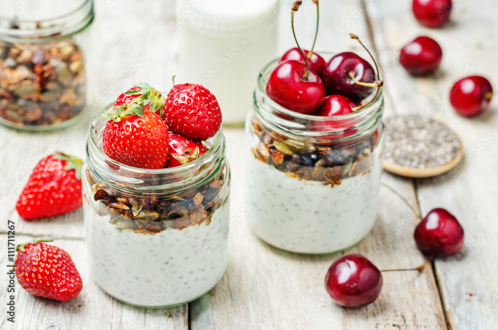 Chia seeds granola Greek yoghurt pudding with berries Stock Photo ...