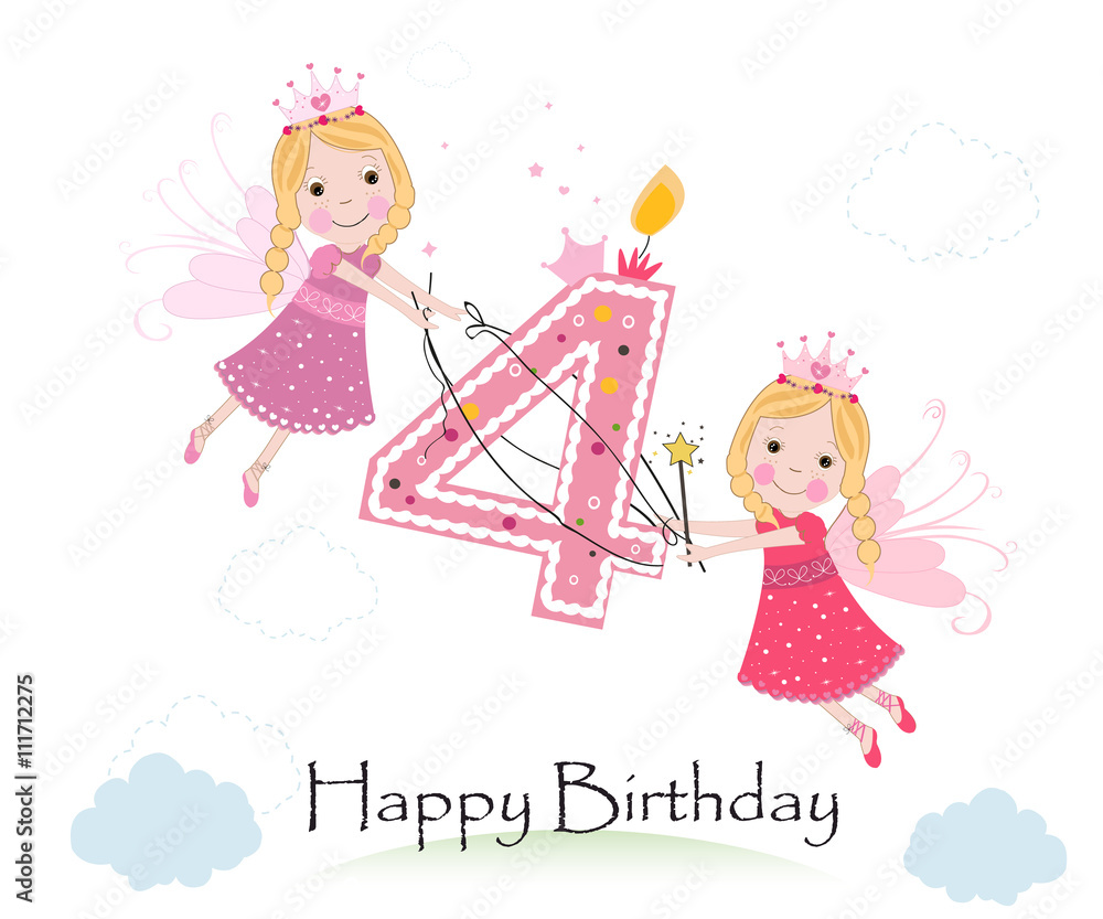 Happy fourth birthday with cute fairy tale greeting card vector