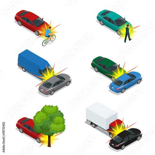 Car crash, emergency disaster. Auto accident involving car crash city street. Flat 3d vector isometric illustration