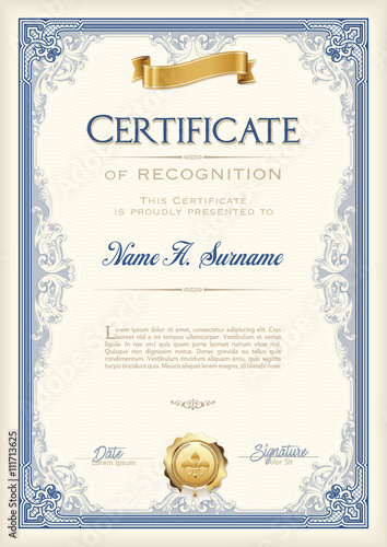 Certificate of Recognition Vintage Frame with Gold Ribbon. Portrait.