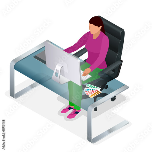 Graphic designer or artist at work. Drawing something on graphic tablet at the office. Color swatch samples. Flat 3d vector isometric illustration.