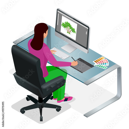 Graphic designer or artist at work. Drawing something on graphic tablet at the office. Color swatch samples. Flat 3d vector isometric illustration.