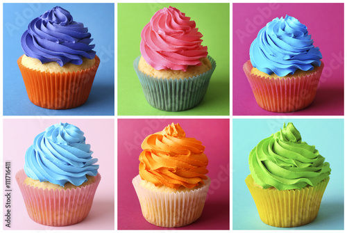 Collection of colourful cupcakes on motley backgrounds