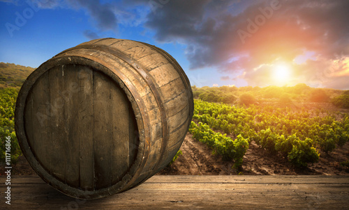 Red wine with barrel on vineyard in green Tuscany  Italy