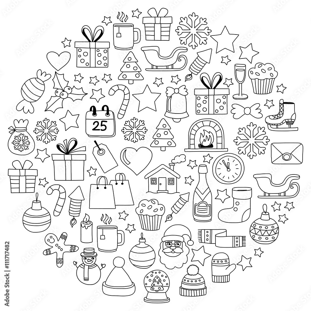 Doodle vector icons Merry christmas and happy new year