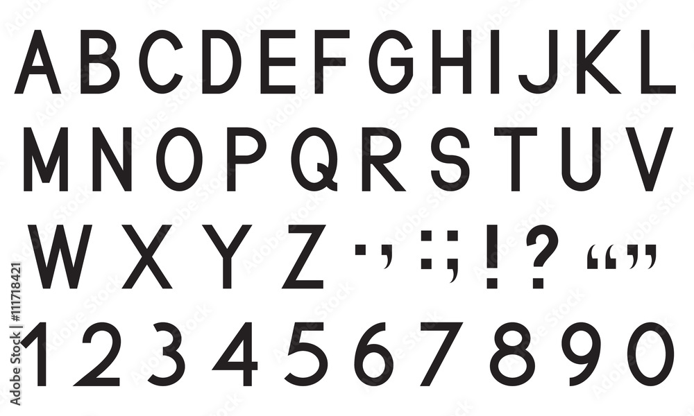 Latin alphabet letters with set of numbers 1, 2, 3, 4, 5, 6, 7, 8, 9, 0 and punctuation signs, black isolated on white background, vector illustration.